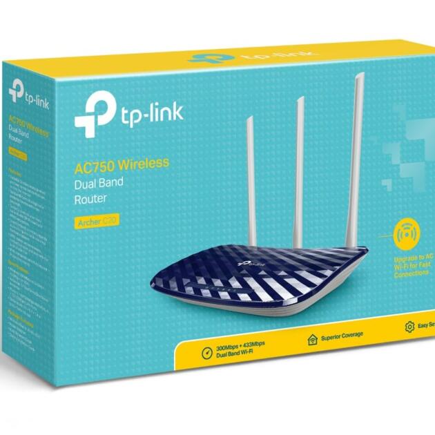 TP-Link AC750 Dual Band Wireless Cable Router, 4 10/100 LAN + 10/100 WAN Ports, Support Guest Network and Parental Control, 750Mbps Speed Wi-Fi, 3 Antennas (Archer C20) Blue, 5 GHz
