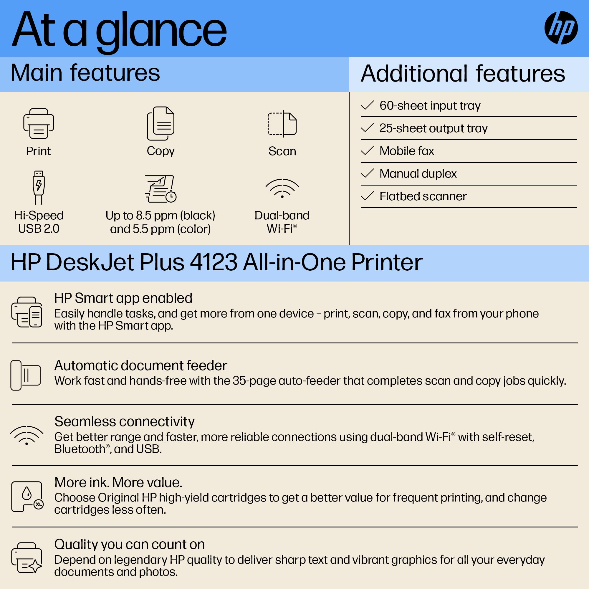 Deskjet 4123 Printer, Automatic Document Feeder, Copy, Scan, USB, Simple Setup Smart App, Ideal for Home.