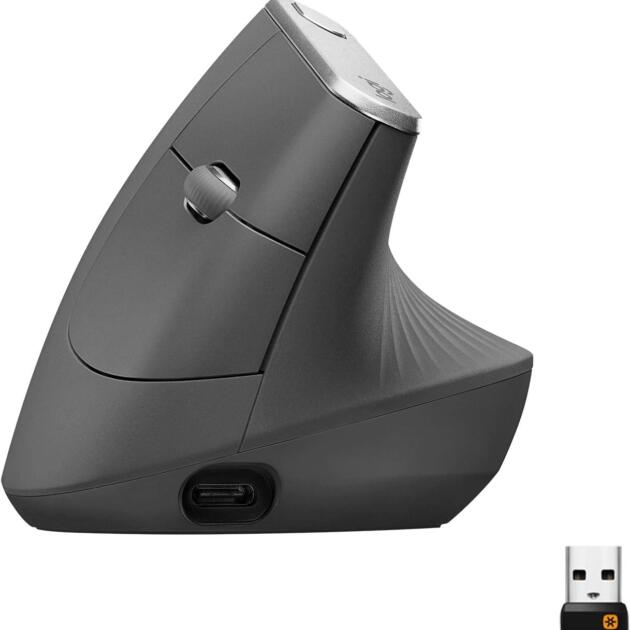 MX Vertical Wireless Mouse – Ergonomic Design Reduces Muscle Strain, Move Content Between 3 Windows and Apple Computers, Rechargeable, Graphite
