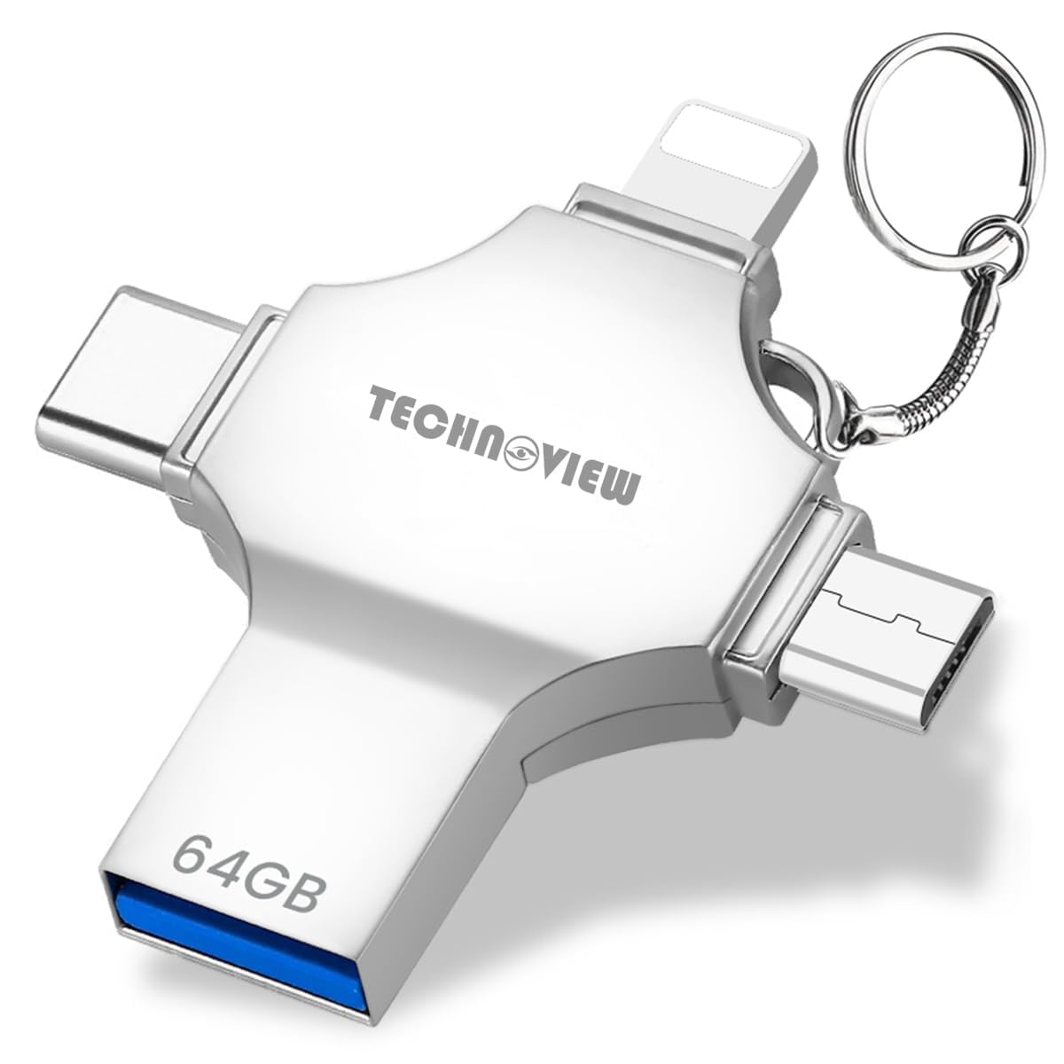Flash Drive 64GB 4 in 1 Pendrive with Light-ning, Micro USB, USB A, Type-C Interface Mini Hangable Pen Drive for iOS & Android Compatible with Phone, Pad, Android, PC and More Devices