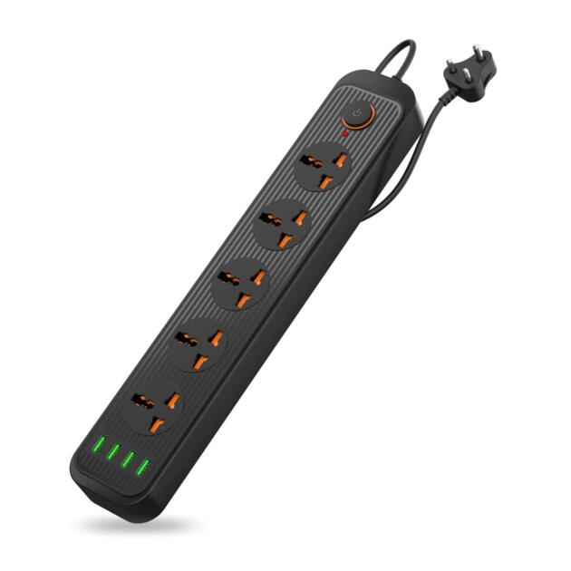 Power Plate 6 with 4 USB Port + 5 Power Sockets Extension Board, 2500W Power Converter, Cord Length 2Mtr (Black)