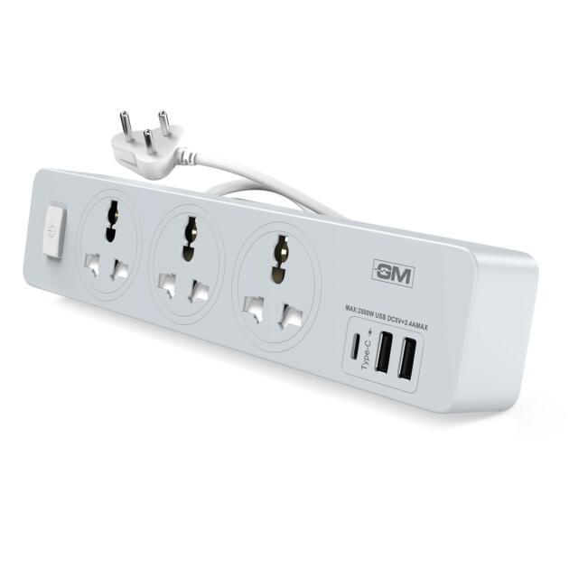 Cuba 3341 Extension Board with USB Port Type A & C | 2500 Watt Switch Board Surge Protector | Spike Guard with 1.8 Mtr Cord, 3 International Sockets | Fireproof Upto 750 Degree | 1 Year Warranty