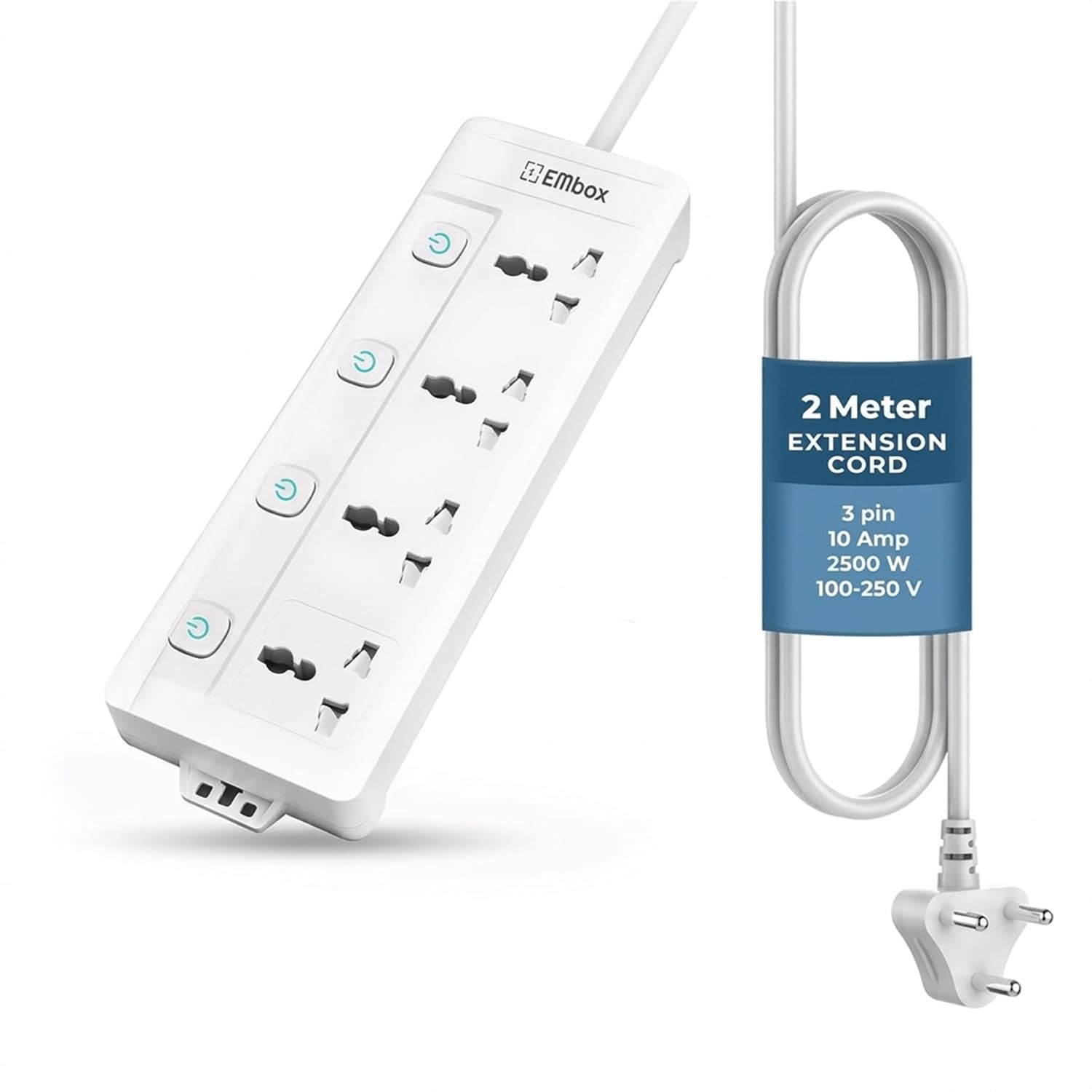 Extension Board with Switches 2500 W, 4 Universal Sockets, Individual Switch, Safety Shutter Spike Guard, LED Indicator and Safety Shutter