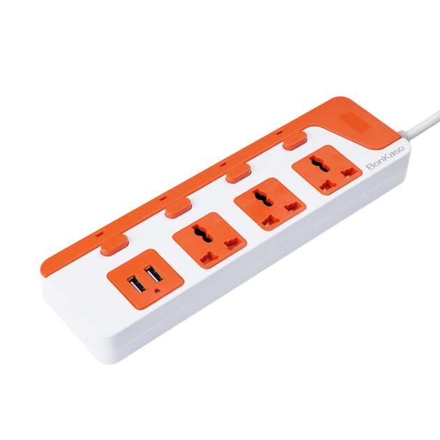 3-Socket Power Strip with Dual USB - 3AC Sockets, 2 USB, 1.5m Cord Length, 1500 W, Compact 26cm Size, Ultra-Light 500g (White & Orange)
