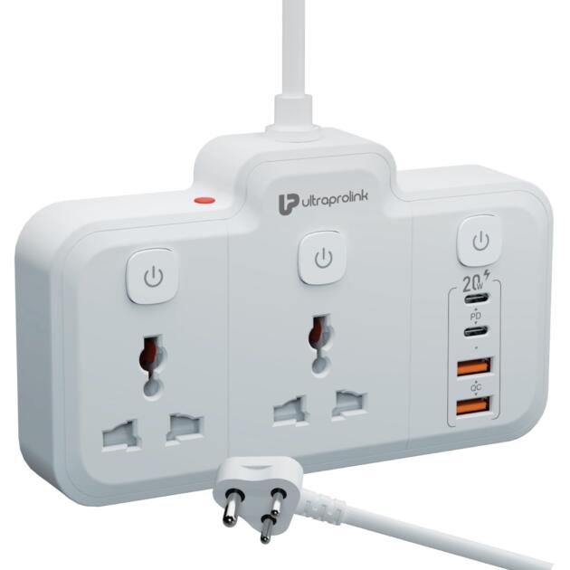 6 in 1 Surge Extension Board |Device Safety with ISI Approved Heavy Duty Cable-2m|6 Ports-2 Fast Charge Type-C(PD 20W)2 USB-A Ports & 2 AC Sockets|Overload Protection|Made in India|UM1272