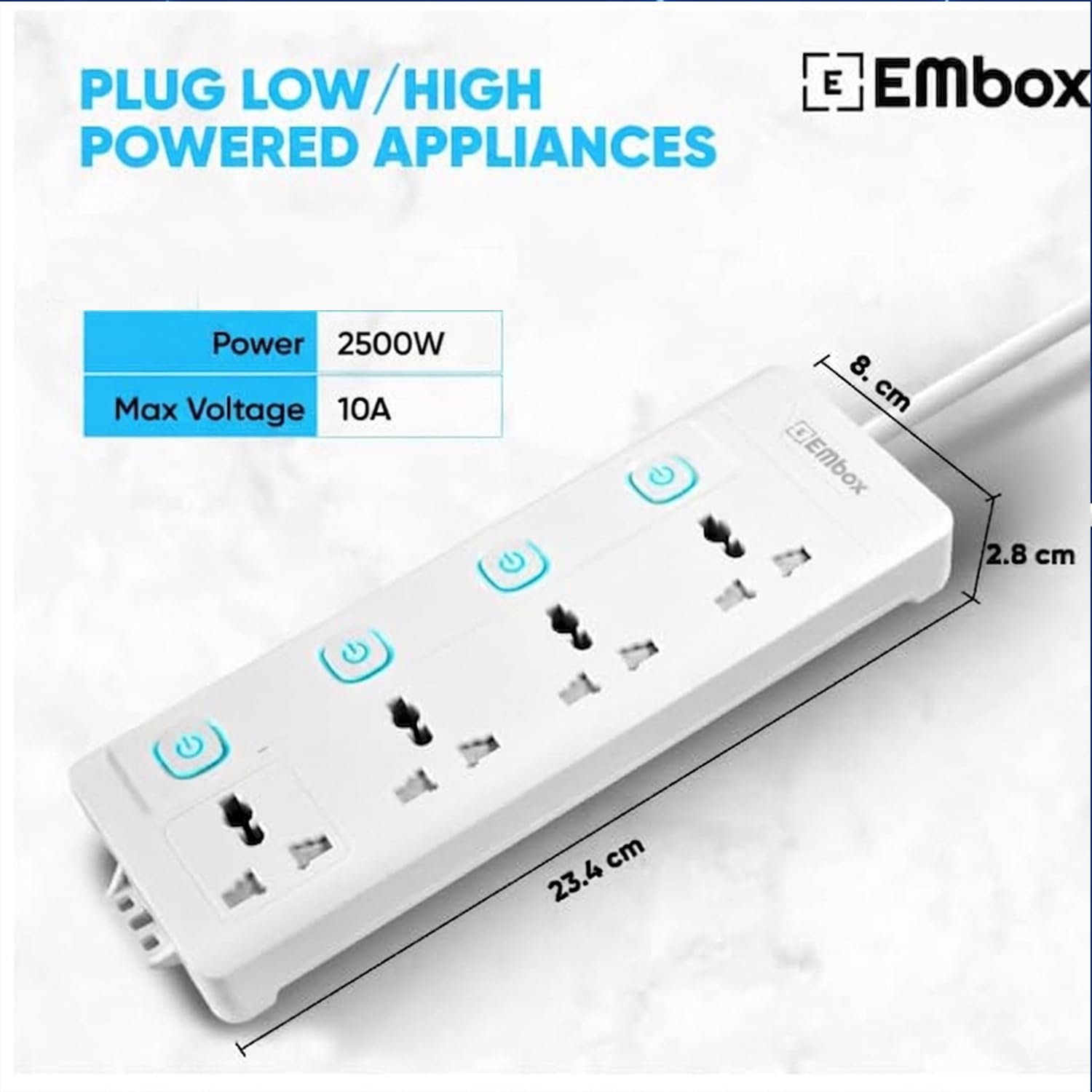 Extension Board with Switches 2500 W, 4 Universal Sockets, Individual Switch, Safety Shutter Spike Guard, LED Indicator and Safety Shutter - Image 9