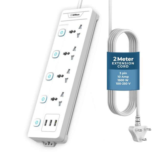 Extension Board with USB (2.4 A)| Extension Board with Switches Spike Guard | Universal Sockets, LED Indicator 2500W, 2 Meter Extension Cord