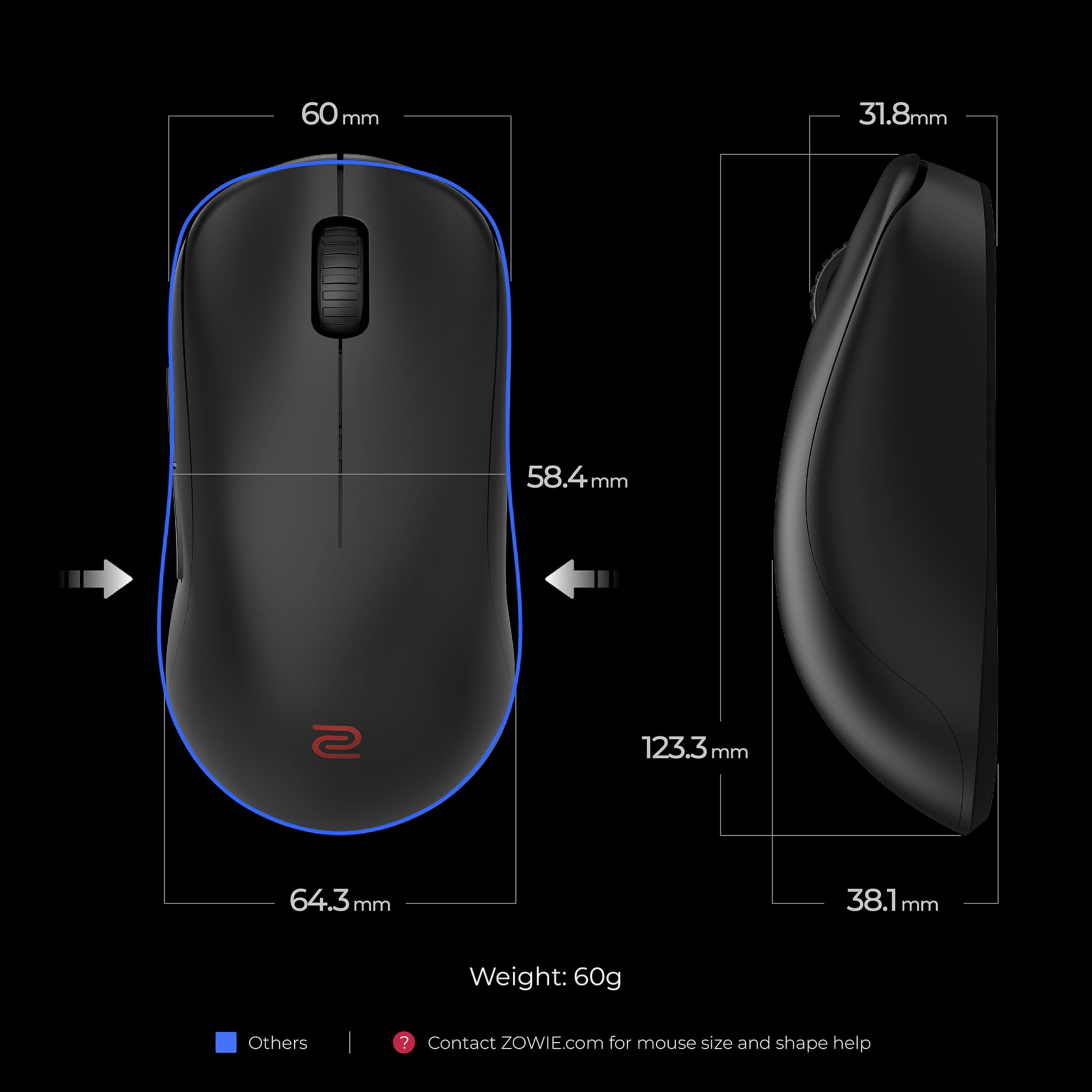 Zowie U2-DW Wireless Symmetrical Gaming Mouse for Esports (Medium)|60g Lightweight|4000Hz Polling Rate with Enchanced Receiver|Driverless Plug & Play - 7 Buttons |PAW 3950 Sensor |Extra Skates - Image 2