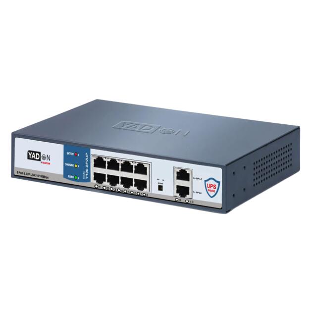 POE Switch with UPS for IP Cameras - 8 POE Ports, 2 Uplink Ports, 10/100 Mbps - Powered by Lithium-Ion 15000mAh Battery - Connect Upto 8 Cameras, a NVR, and a Router - Y100-8P2UP