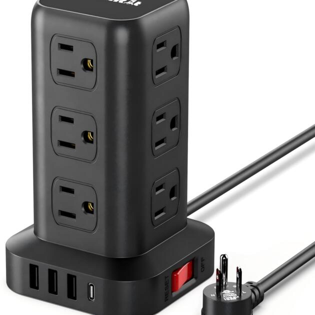 Surge Protector Power Strip Tower Extension Cord with Multiple Outlets Travel 12 AC 4 USB (1 USB C) Power Strip with USB Ports Mini Surge Protector Tower 6.5FT Overload Protection for Home Office