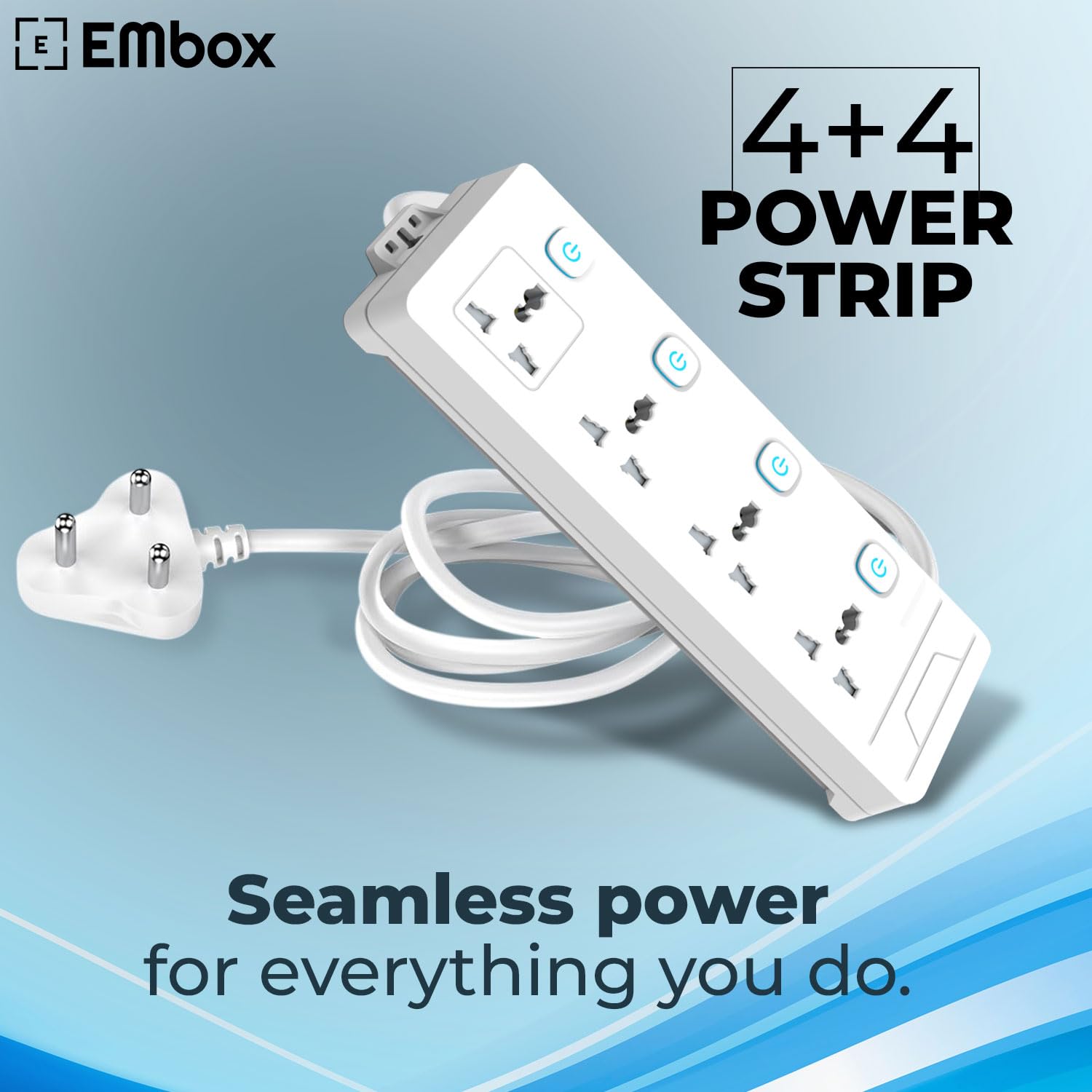 Extension Board with Switches 2500 W, 4 Universal Sockets, Individual Switch, Safety Shutter Spike Guard, LED Indicator and Safety Shutter - Image 2