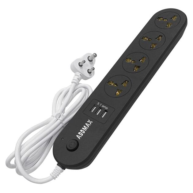 Extension Cord with USB – 4 Socket Power Strip with 2 USB Ports | 1.8 Meter Heavy Duty Cord | 10A 220V Multi Plug Extension Board | Fire Flame Proof Surge Protector for Home & Office – Black