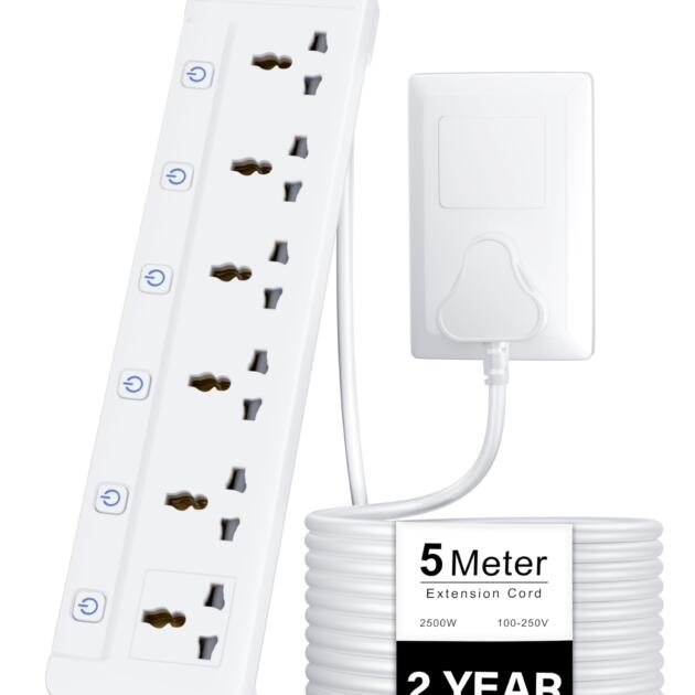 Surge Protector, 5 Meter 16 Feet Long Cable, 6 Universal Sockets with Individual Switch, Extension Board Cord, Automatic Overload Protection, Fireproof Power Strip Switch Board, Spike Guard