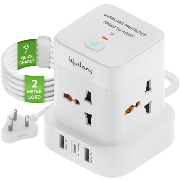 Electronics Extension Board 7-in-1 with Switch | 4 AC Sockets + 3 USB Ports (2 Type A Quick Charge 3.0 + 1 Type C 20W PD) | Fast Charging | Overload Protection | 2M Cord (Model: Cube Plus)