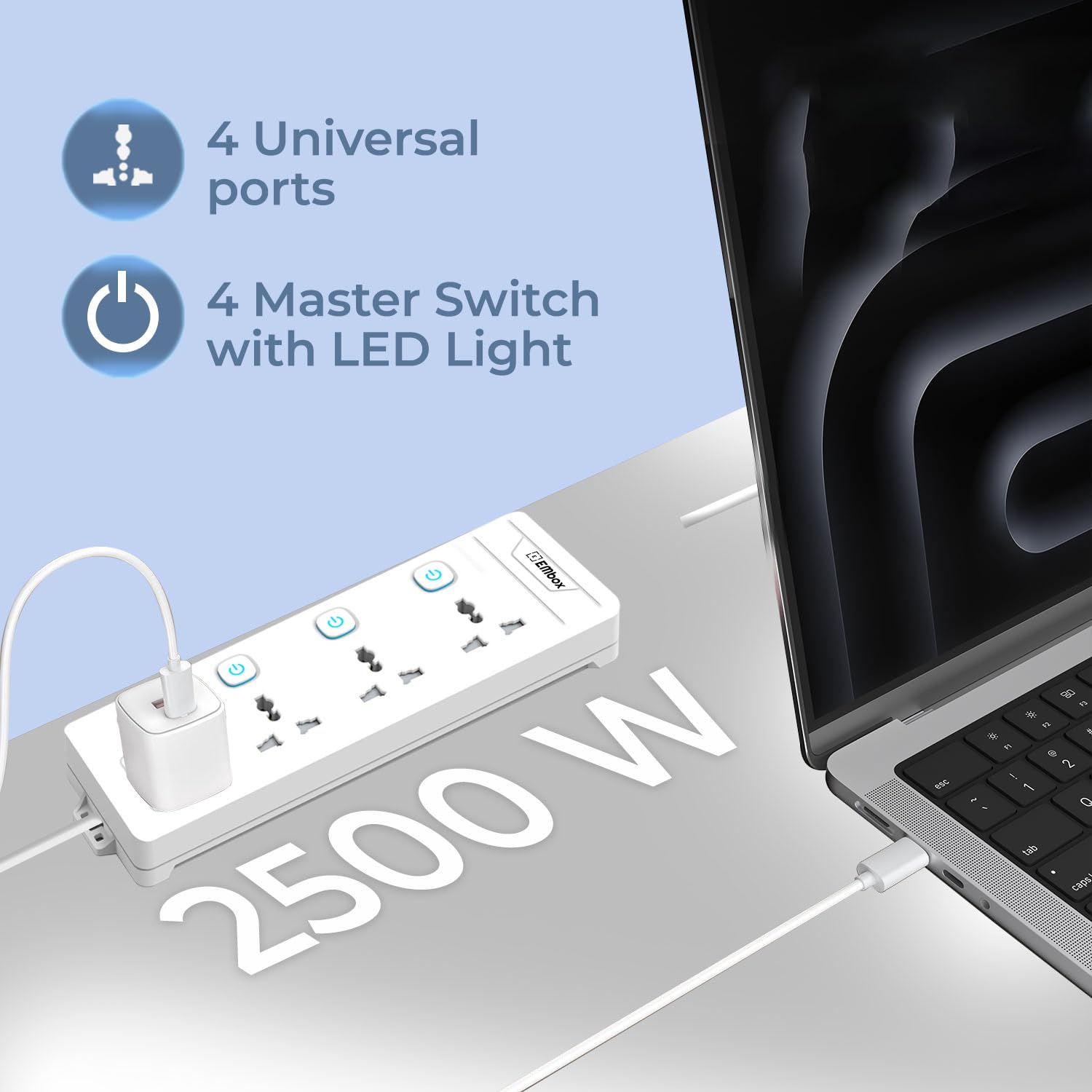Extension Board with Switches 2500 W, 4 Universal Sockets, Individual Switch, Safety Shutter Spike Guard, LED Indicator and Safety Shutter - Image 5