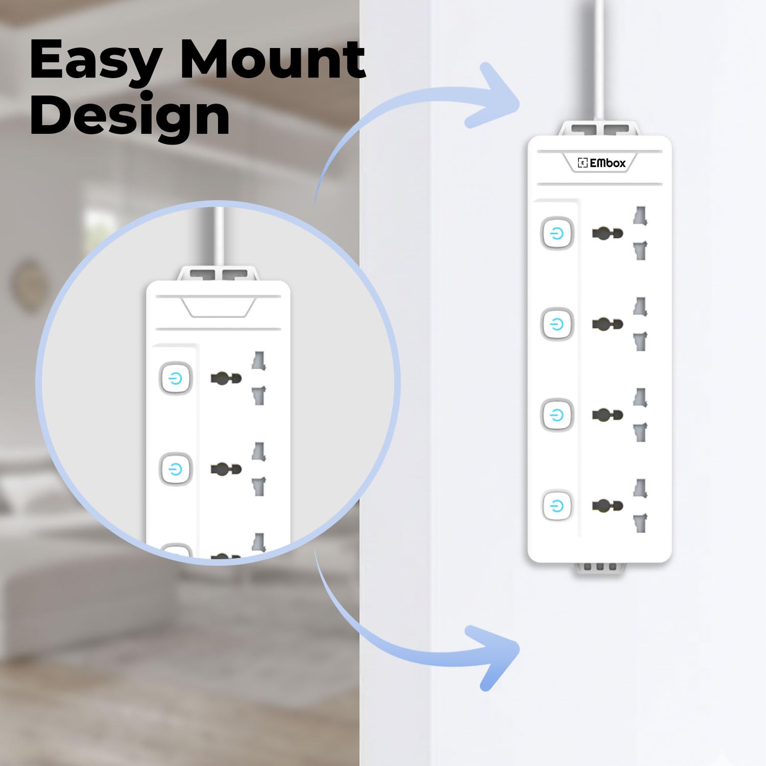 Extension Board with Switches 2500 W, 4 Universal Sockets, Individual Switch, Safety Shutter Spike Guard, LED Indicator and Safety Shutter - Image 4