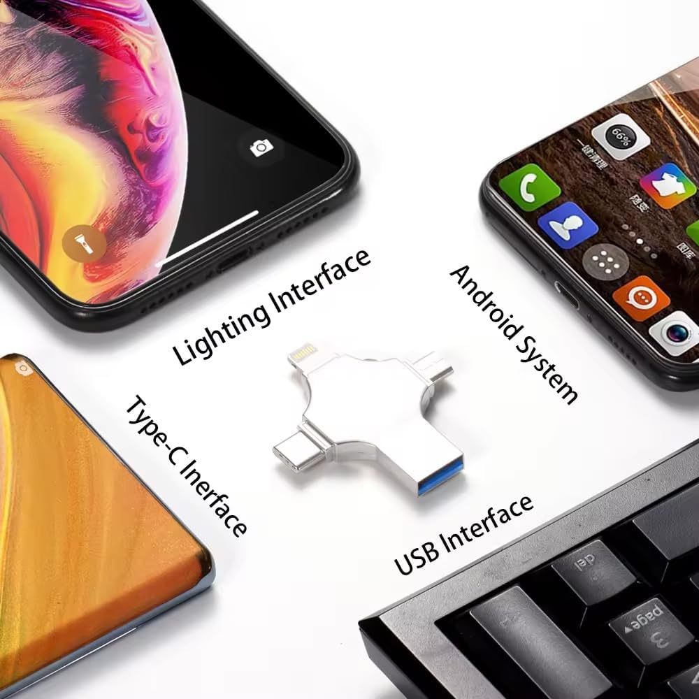 Flash Drive 64GB 4 in 1 Pendrive with Light-ning, Micro USB, USB A, Type-C Interface Mini Hangable Pen Drive for iOS & Android Compatible with Phone, Pad, Android, PC and More Devices - Image 6