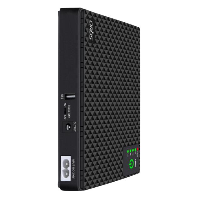 AR-MINIDC-2 Mini UPS for WiFi Router/Modem/Set top Box Devices. 8800mAh Battery Supports 9V/12V-1A/1.5A/2A Routers. USB Port for Phone Charging, Battery Level Indicators. BIS Certified