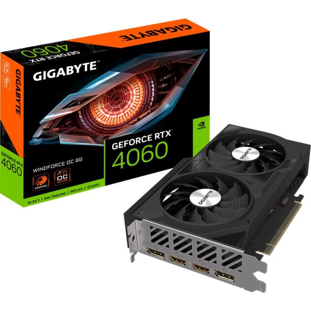 NVIDIA GeForce RTX 4060 WINDFORCE OC Graphics Card - 8GB GDDR6, 128-bit, PCI-E 4.0, 2475MHz Core Clock, 2X DP 1.4, 2X HDMI 2.1a, NVIDIA DLSS 3 - GV-N4060WF2OC-8GD
