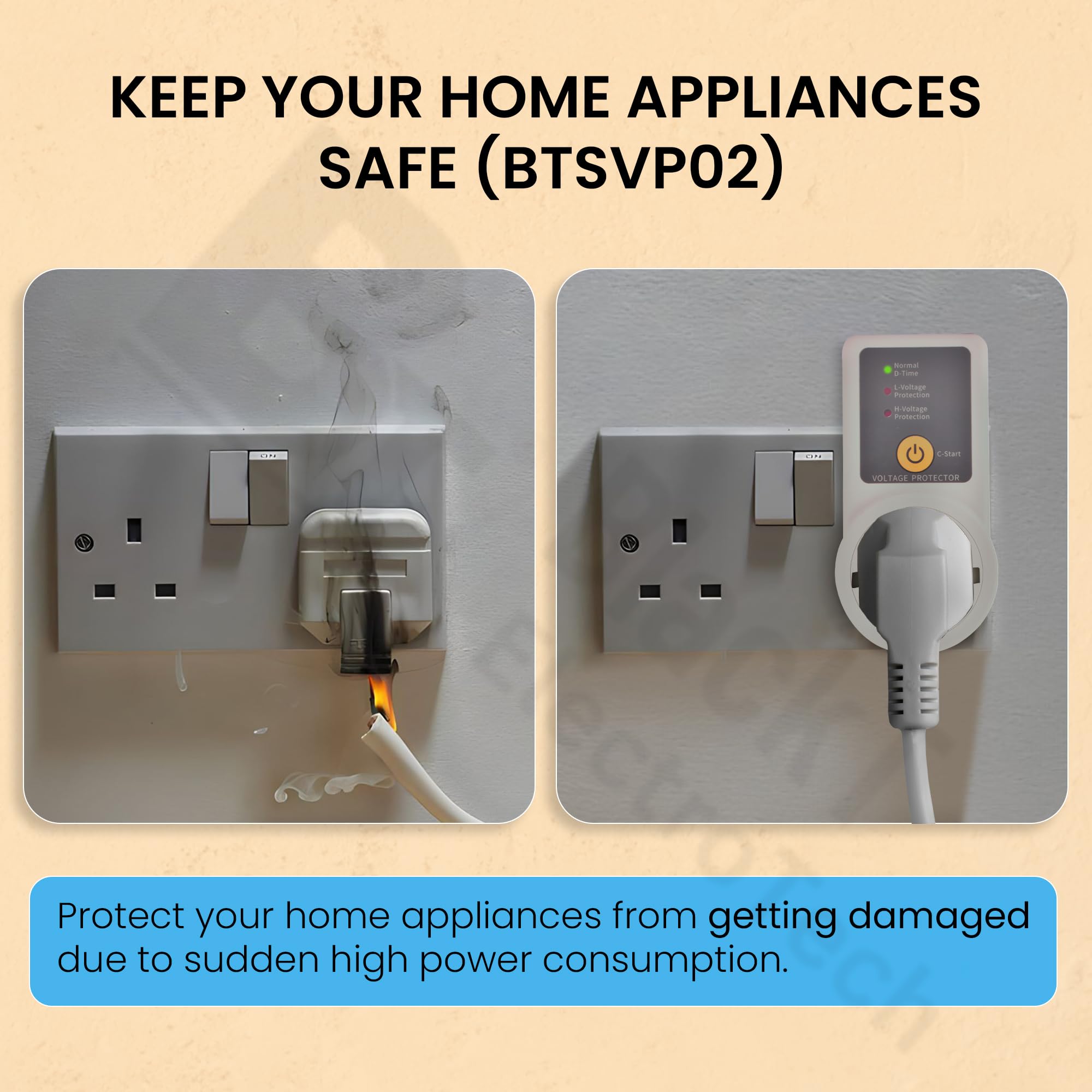 BTSVP02 AC 220V 10A Automatic Voltage Protector Socket switcher- Surge Protector for Home Appliances, Refrigerators, Washing Machines and TV - Image 2