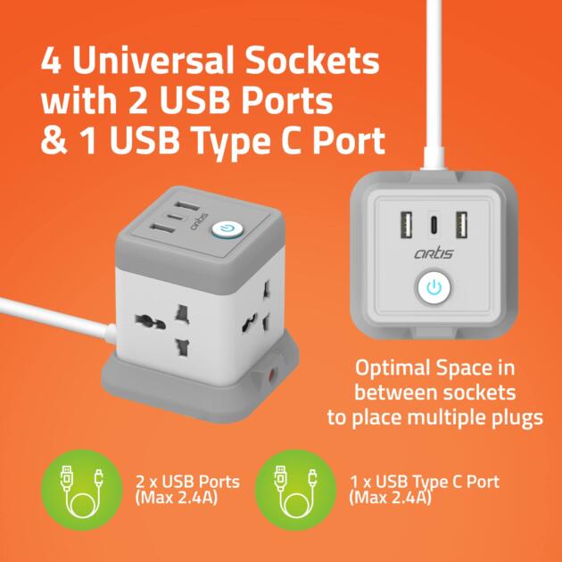 AR-4SS-3USBCB 4 Universal Sockets with 2 USB Ports & 1 USB Type C Port with Circuit Breaker Surge Protector