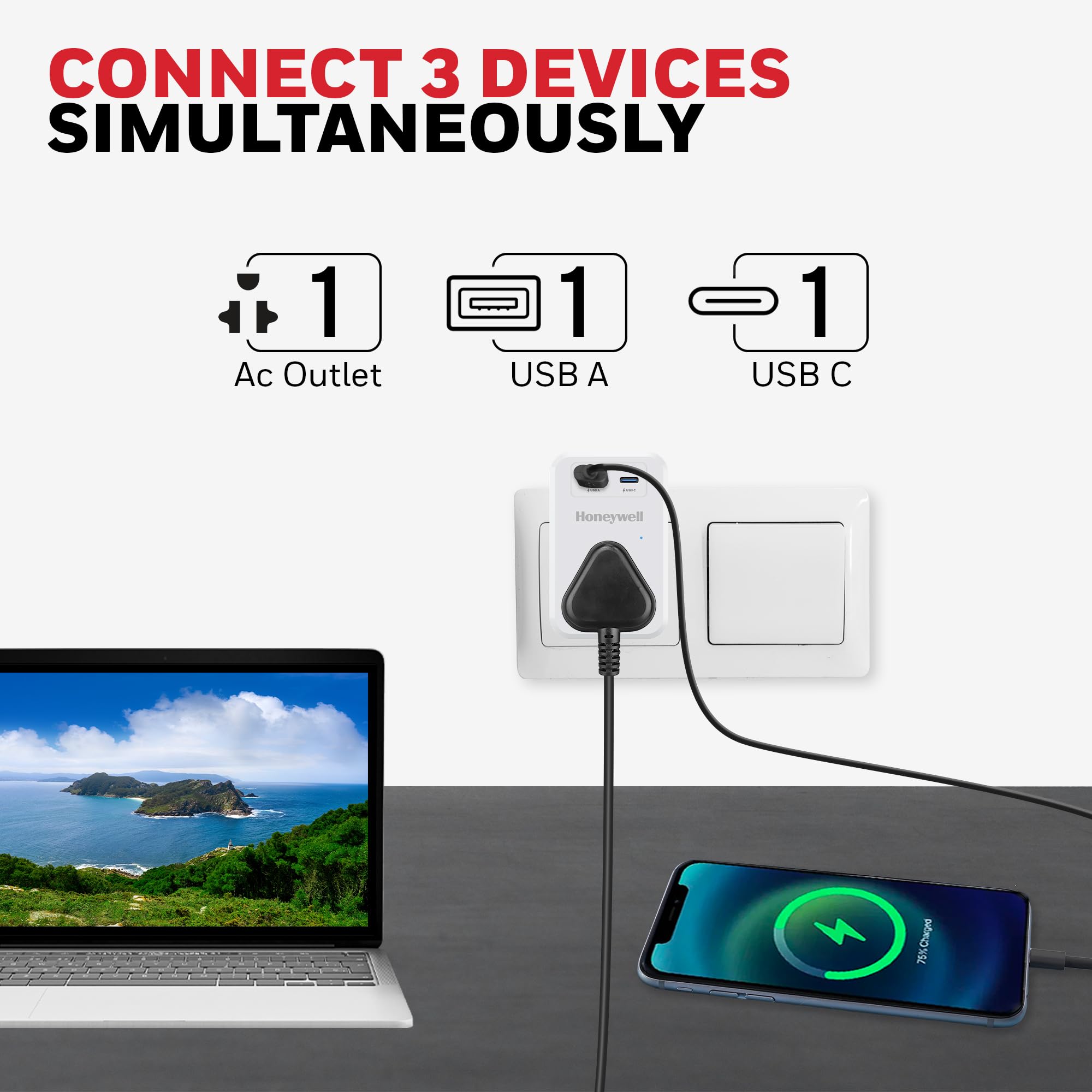 3 Out Surge Cube, Spike Guard, 1 Outlet, PD20W & USB A Port, 7500Amp, Charge On The Go, Device Secure Warranty, Automatic Overload Protection, 3 Years Manufacturer Warranty - Image 3