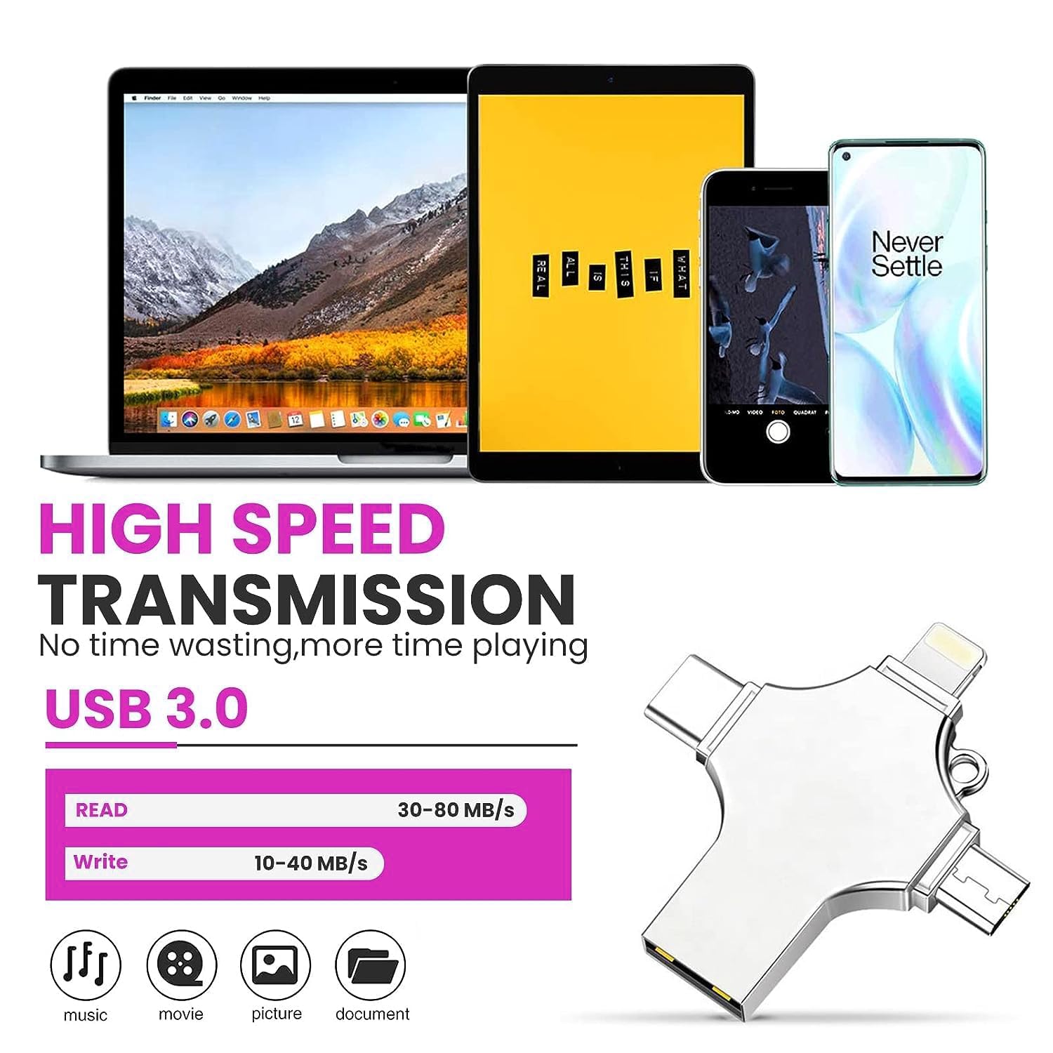 Flash Drive 64GB 4 in 1 Pendrive with Light-ning, Micro USB, USB A, Type-C Interface Mini Hangable Pen Drive for iOS & Android Compatible with Phone, Pad, Android, PC and More Devices - Image 4