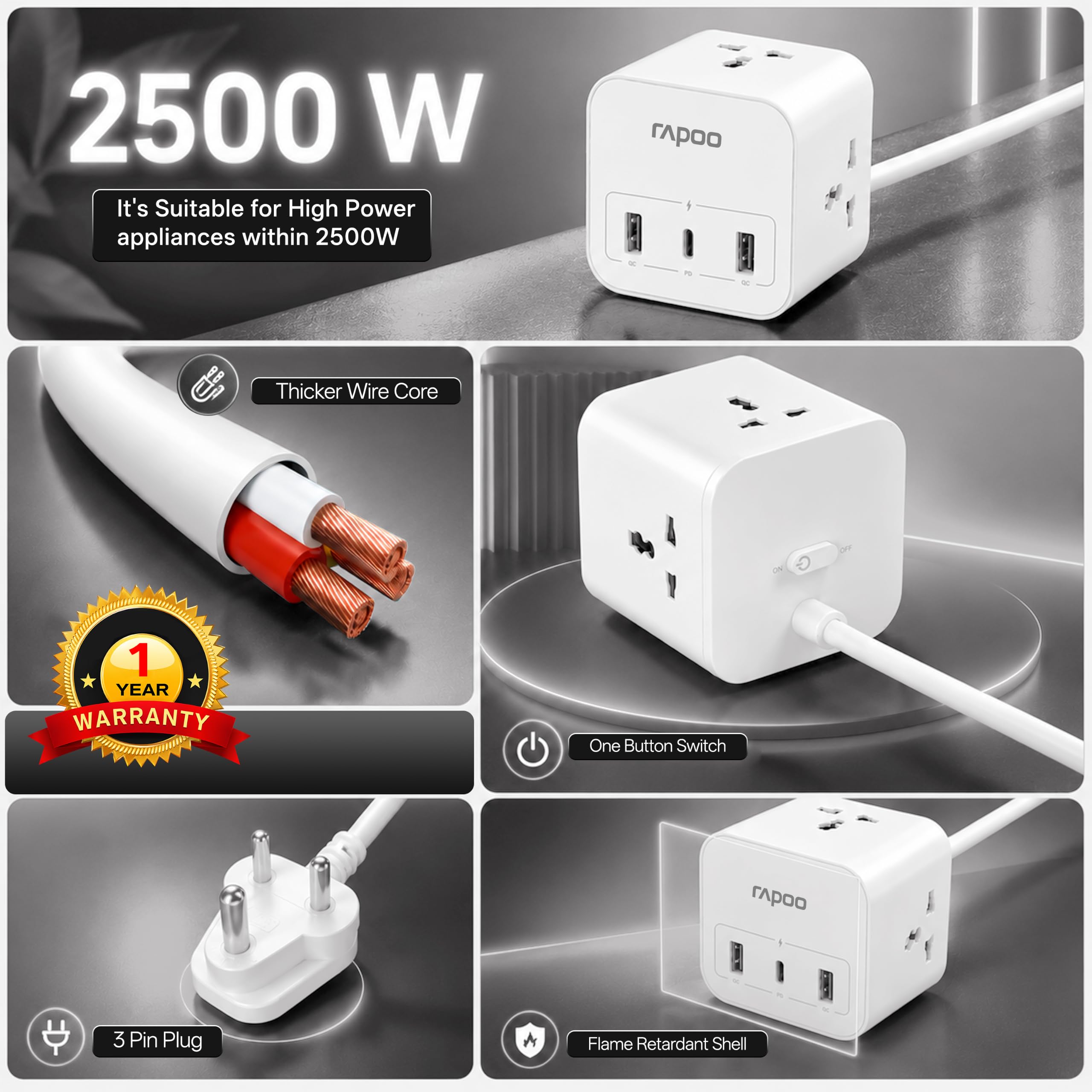 SP30 6in1, Heavy Duty Power Extension, 3 AC Socket, 2 USB A, 1 Type C - Image 5