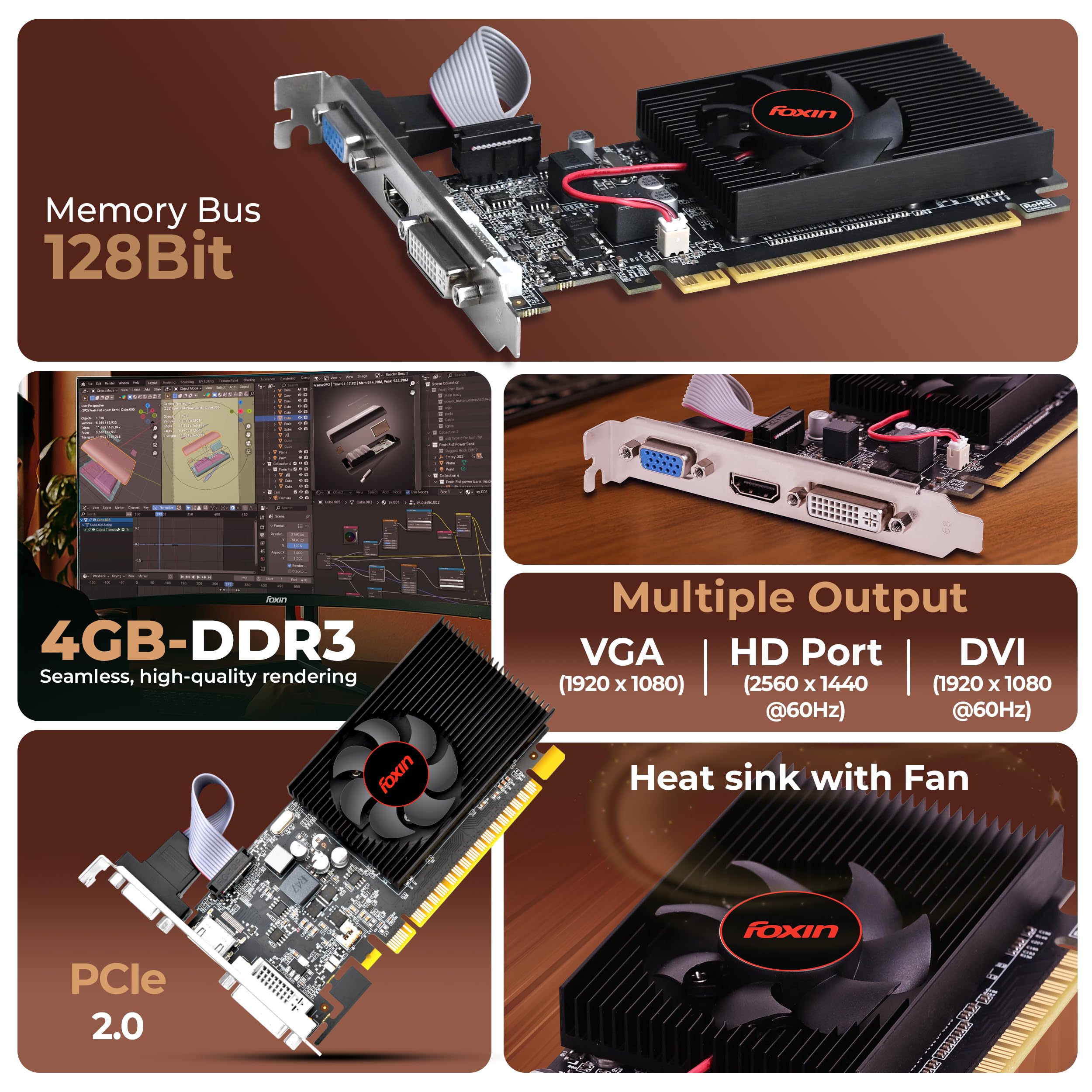 Foxin GT 730 Graphics Card 4GB DDR3 128-Bit | PCIe 2.0 Desktop GPU with HDMI DVI VGA Output | Physx Support | Heatsink Cooling Fan | High Efficiency Graphics Card (Black) - Image 2
