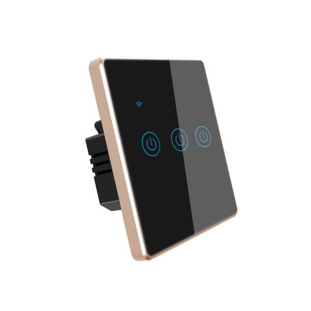 Pro series Smart Touch Switch, with metal frame Compatible with Alexa, Google & smart Life app (3 Gang, Black with golden frame)