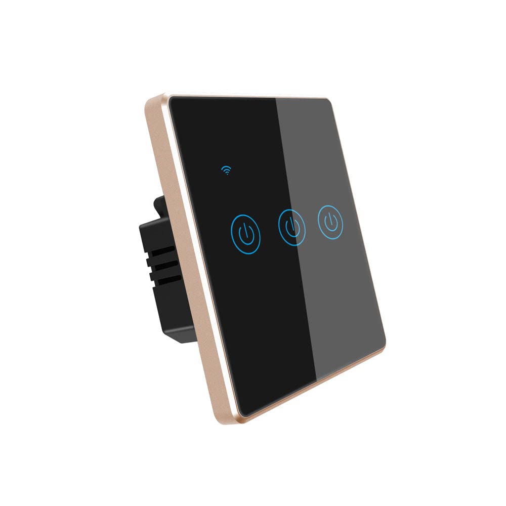 Pro series Smart Touch Switch, with metal frame Compatible with Alexa, Google & smart Life app (3 Gang, Black with golden frame)