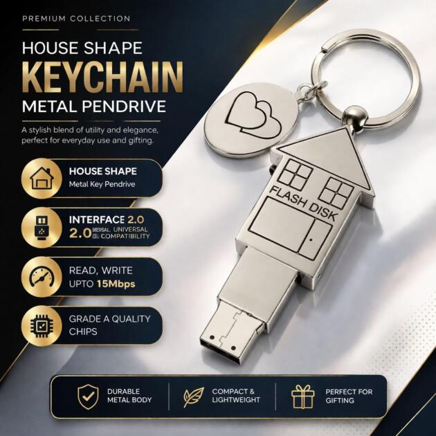 ® House Shape USB Flash Drives, 4GB-128GB, Upto 12Mbps, 2.0, Metal Body, Keychain Pen Drive, Gifting Flash Drives. (8, GB)