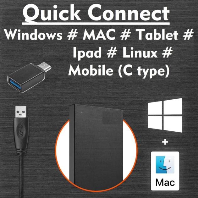 Portable 500GB Hard Disk 2-in-1 Type C & USB 3.0 High Speed Ultra Slim Hard Drive - Compatible with Laptop, Mac, PC,iPad, Tablet, PS4, Mobile (Black) - 500gb Slim Compact Drive (HDD Backup Drive)