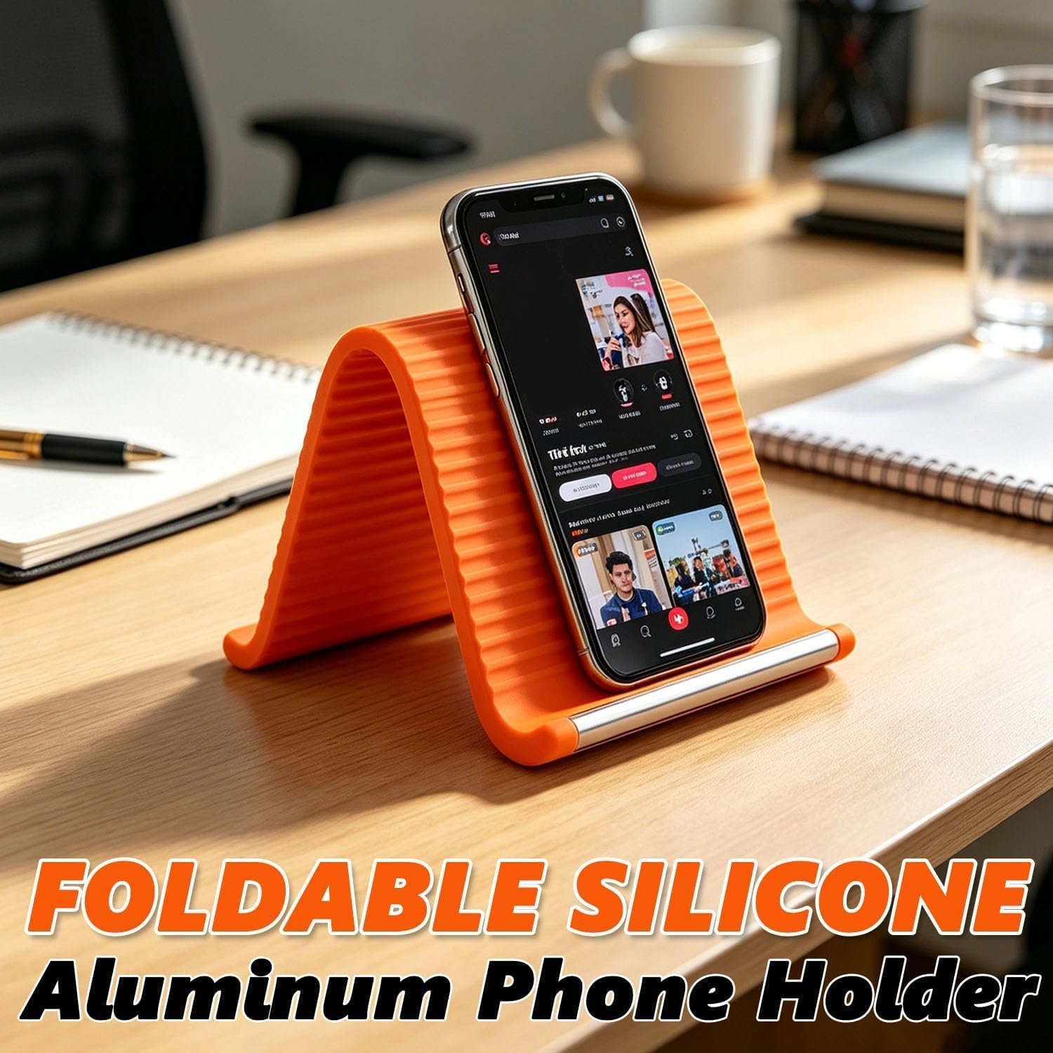 Foldable Silicone Phone Stand, Flexible Adjustable Desktop Holder, Anti-Slip Mount for Home Office Travel, Orange, L2 - Image 2
